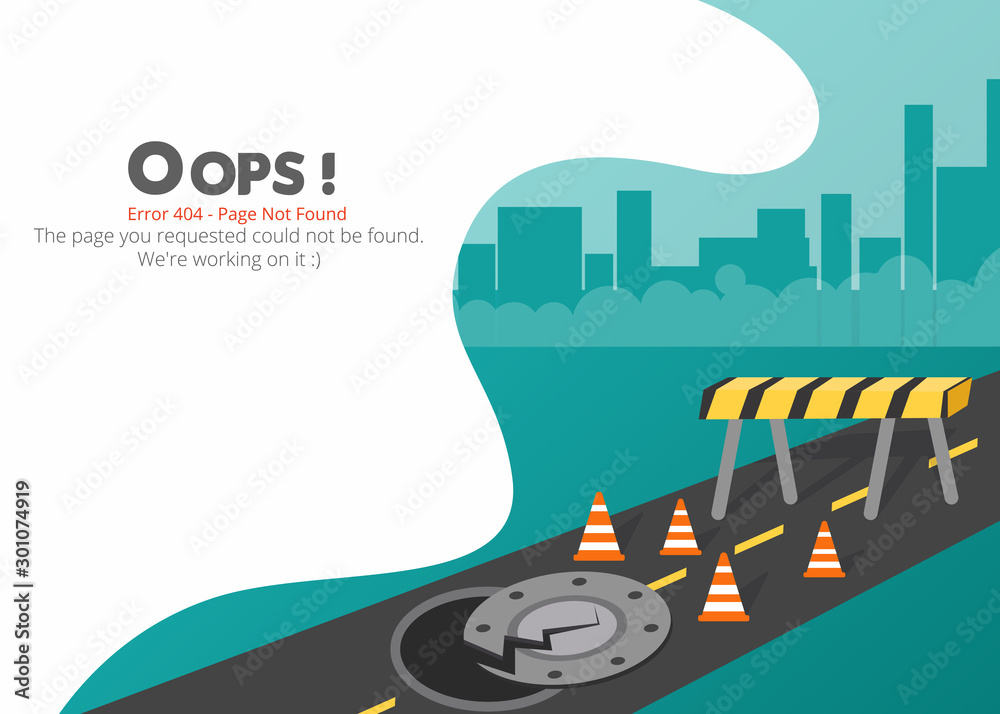 Poster Error 404 page layout vector design. Website 404 page creative concept. The page you requested could not be found. Oops 404 error page.