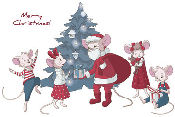 Cute cartoon mouses. Santa claus giving out presents for happy kids. Festive life scene near the Christmas tree. Template for greeting card.