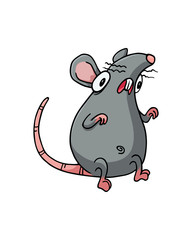 Shocked or scared looking gray rat or mouse. Illustration isolated on flat white background for kids book or for chinese new year of the rat. For children. Emotions, frightened animal.