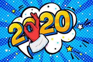 New Year greating card. Blue numbers 2020 in word bubble.