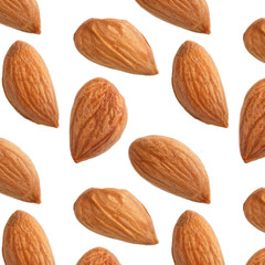 Peeled apricot kernels isolated on white background. Photographic collage. Seamless pattern. Food texture.