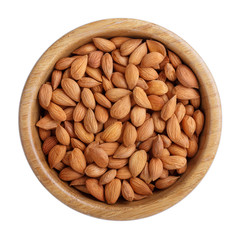 Apricot kernel in wooden bowl isolated on white background. Top view.