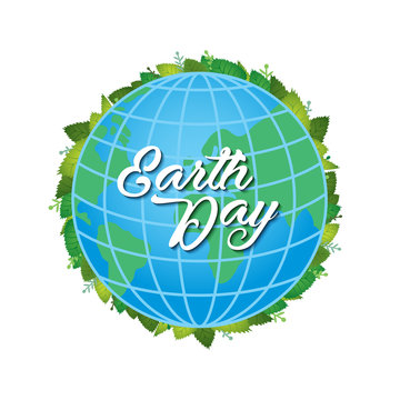 Happy Earth Day banner with globe and green leaves. World environment day background. Save our blue planet, ecology art concept. Go green, save energy. Eco friendly design. Flat vector illustration.