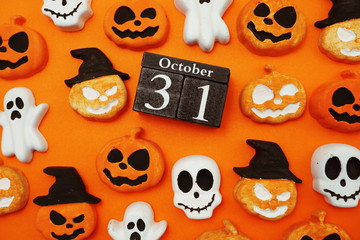 Halloween 31 october with pumpkin decorate on orange background