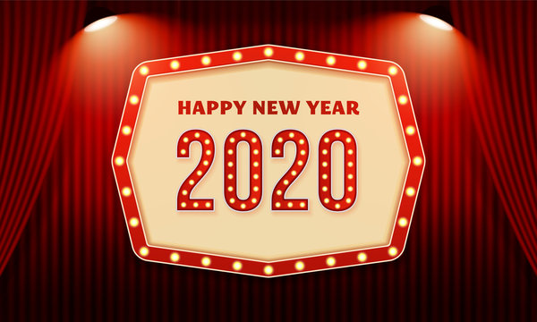 Happy new year 2020 billboard typography text celebration poster design. Red curtain theater stage background with spotlight effect vector illustration