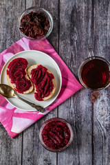 Natural, homemade beetroot jam, with vanilla and sugar. Healthy food, vegetarianism.