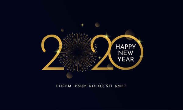 Happy new year 2020 typography text celebration poster design. glowing golden number with gold fireworks explosion element and dark sky background vector illustration.