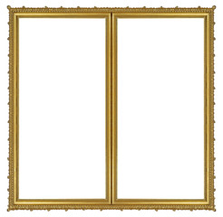 Double golden frame (diptych) for paintings, mirrors or photos isolated on white background