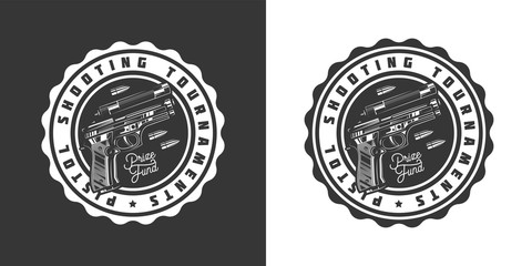 Original monochrome vector emblem with the image of a gun and bullets in retro style.