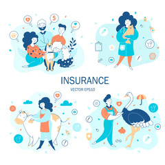 Fototapeta premium Animals life insurance flat vector illustrations set