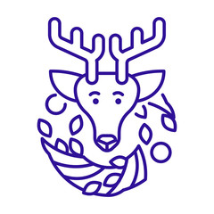 Christmas reindeer and wreath linear icon in blue