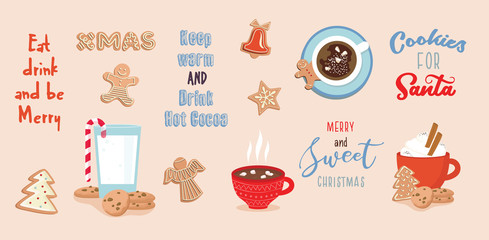 set of winter drinks, phrases and gingerbread cookies. Winter set for Christmas or New Year designs.