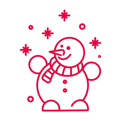 Snowman with striped scarf and snowflakes linear icon in red