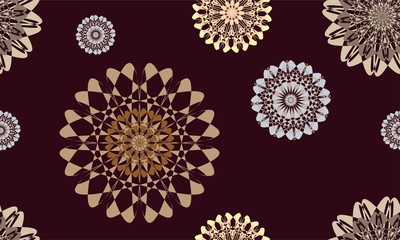 Fototapeta na wymiar Seamless background of soft pastel color Mandala pattern in a random arrangement, suitable for textile, wrap paper, wallpaper.