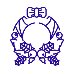 Christmas wreath with holly branches linear icon in blue