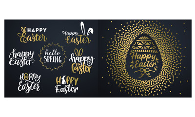 Festive card with the inscription "Happy Easter" and the silhouette of the Easter Bunny. Gold foil on the white background. Vector illustration art.