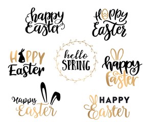 Happy easter labels set. Egg, rabbit, rabbit symbol. Lettering, calligraphy vector illustration, holiday card with the inscription "Happy Easter" and the silhouette of an Easter rabbit. Gold foil on a