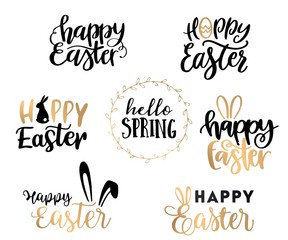 Happy easter labels set. Egg, rabbit, rabbit symbol. Lettering, calligraphy vector illustration, holiday card with the inscription 