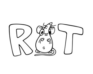 Line art RAT text lettering typo with a rat or mouse instead the letter A. Illustration isolated on flat white background for kids book or for chinese new year of the rat. For children