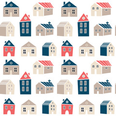 Cute seamless pattern with houses in Scandinavian, Nordic style. Pretty background for kids collection. illustration. Trendy style © jennylipmic