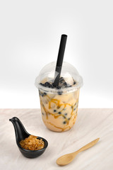 Taiwan milk tea with bubbles, Bubble milk tea, popular Asian drink with ingredient isolated on white background.