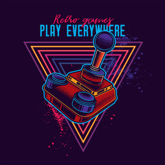 Retro joystick from 8-bit consoles. Vector illustration in neon style. © artmarsa