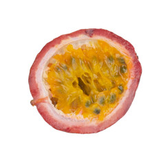 Whole passionfruit and a half maracuya fruit (Passiflora edulis) isolated on white background