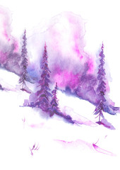 Watercolor painting, illustration, greeting card. Forest, suburban landscape, silhouettes of fir trees, pine, cedar, trees and bushes. pink, Violet, burgundy color. Morning landscape. Snowy forest.
