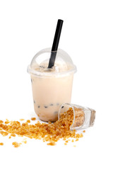 Taiwan milk tea with bubbles, Bubble milk tea, popular Asian drink with ingredient isolated on white background.