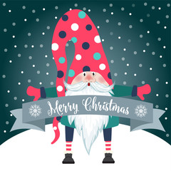 Christmas card with cute gnome and wishes. Flat design. Vector