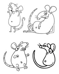 Line art rat or mouse. Set of four Illustrations isolated on flat white background for kids book or for chinese new year of the rat. Hand drawn outline pack for children