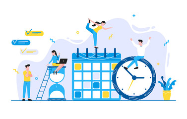 Tiny people characters working together with calendar schedule and fill out task on week schedule. Teamwork and time management concept flat style design vector illustration isolated white background.