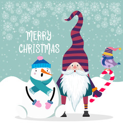 Beautiful flat design Christmas card snowman and gnome . Christmas poster. Vector