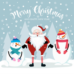 Christmas card with cute Santa and snowmen. Flat design. Vector