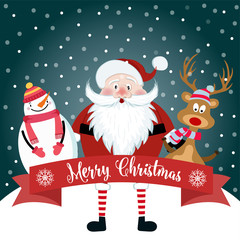 Christmas card with cute Santa, snowman and reindeer. Flat design. Vector