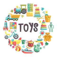 Kids toys banner with colorful icons set in circle