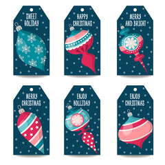 Christmas labels collection with Christmas balls, isolated items on white background. Vector