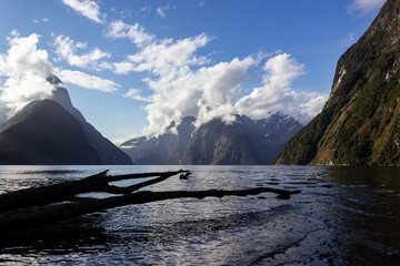 Mitre Peak on sunset with nice clouds, Milford Sound, Fiordland, South Island,New Zealand.