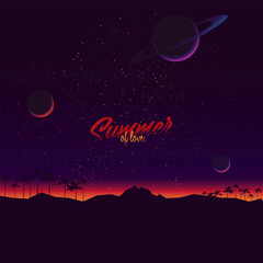 Naklejka premium Original vector illustration in retro style. Sunrise on the background of the cosmic sky with planets and stars.