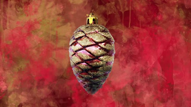 Watercolor Christmas decoration red cone on the back-ground of colored blots.