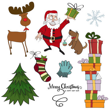 Cute hand drawn, Christmas items collection isolated on white