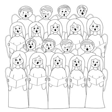 Children choir. The children are singing. Children in long suits of angels sing along the notes. Singing lesson.