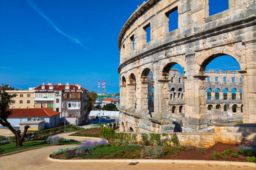 Obraz premium Arena in Pula, Croatia. Ruins of the best preserved Roman amphitheatre. UNESCO world heritage site. Image