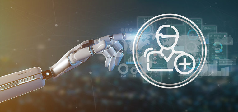Cyborg hand holding new contact icon