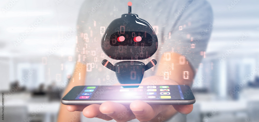 Poster businessman holding virus chatbot with binary code 3d rendering