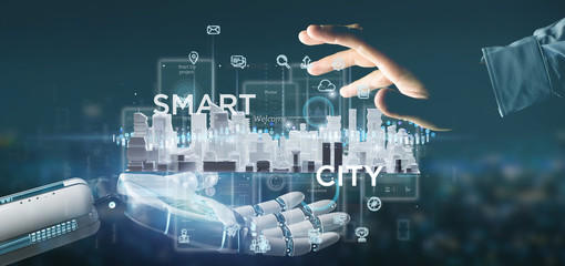 Cyborg hand holding Smart city user interface with icon, stats and data 3d rendering