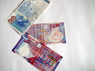 Banknotes of the world. Hong Kong dollars. Denominations of ten and twenty Hong Kong dollars.