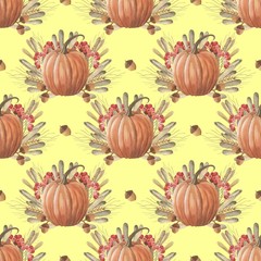 beautiful seamless background with pumpkins and autumn leaves and berries of rose hips and viburnum. Halloween. Can be used as background template for Wallpaper, fabric printing, packaging, etc.