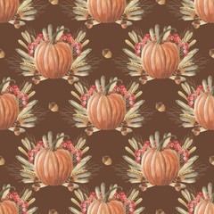beautiful seamless background with pumpkins and autumn leaves and berries of rose hips and viburnum. Halloween. Can be used as background template for Wallpaper, fabric printing, packaging, etc.