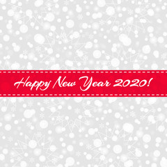 Happy New Year 2020 greeting card. Snowflakes, snow, stars pattern with red ribbon. Vector snow background for decoration, design, celebration, winter, holiday, illustration